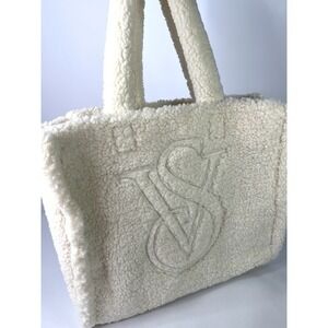 Victoria's Secret White Cream Sherpa Large Logo Tote Bag NEW